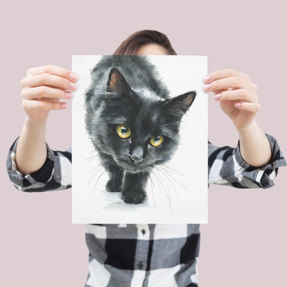 Watercolor Siberian Black Cat Art Print Illustartion - Pet Portrait - Unframed - Picture 4 of 6
